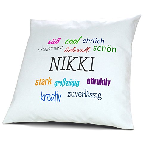 Kopfkissen mit Namen Nikki - Motiv Positive Eigenschaften, 40 cm, 100% Baumwolle, Kuschelkissen, Liebeskissen, Namenskissen, Geschenkidee, Deko