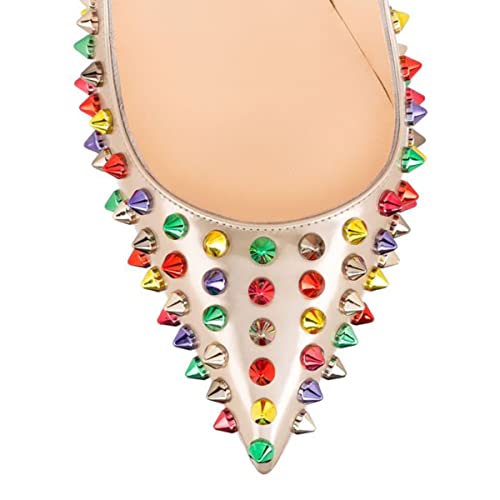 FSJ Women Sexy Studded Rivets Stiletto High Heel Pumps Classic Closed Pointed Toe Slip On Basic Spikes Shoes for Party Size 4-15 US4