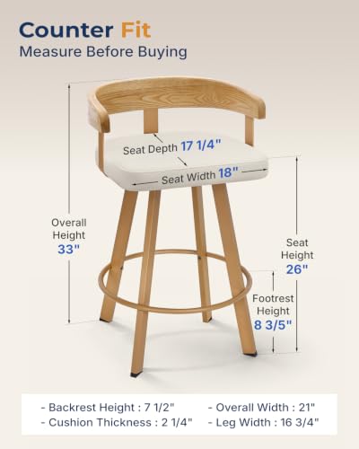 Image of FORSPARK 26 inch Swivel Counter Height Bar Stools, 350 lbs Capacity Barstool | 360 Rotation, Easy to Assemble, Wide Foam Seat, Solid Wood Backrest, Heavy Weight for Kitchen Dining Cafe, Beige & Natural