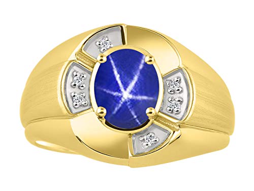 Image of Rylos Yellow Gold Plated Silver Men's & or Ladies Ring with 8X6MM Oval Gemstone & Diamonds - Unisex Color Stone Birthstone Ring Sizes 7-13