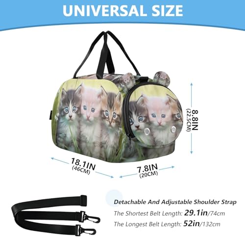 YETTASBIN Sport Travel Duffel Bag for Girls Boys, Cute Kittens Large Waterproof Weekender Overnight Bag, Detachable Shoulder Strap Gym Bag with Shoe Compartment & Wet Pocket3