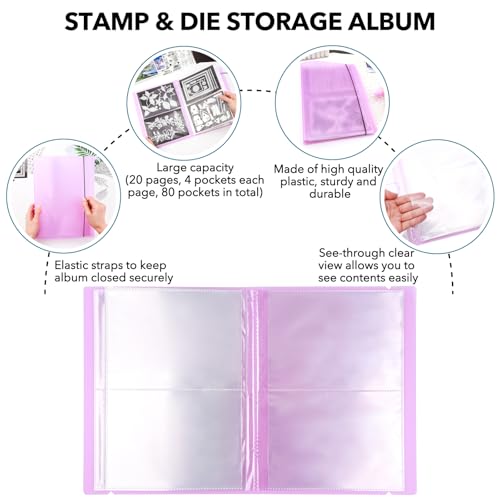 Image of 2 Pack Large Sticker Photo Storage Album, Stamp & Cutting Dies Storage Book Organizer Folder for Cards Storage DIY Scrapbooking Card Making Supplies 20 Pages 80 Pockets / Pack ( Clear + Purple)
