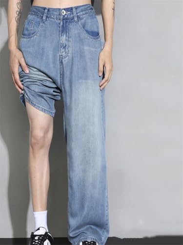 Men's Summer Thin Denim Jeans Loose Fit Straight Leg Elastic Waist Korean Style Casual Trousers2