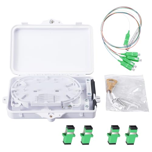 Xunsomten Fiber Optic Distribution Box, 4 Port Wall Mount Enclosure with 4 SC APC Adapters, Singlemode, FTTH, IP65 Waterproof Outdoor/Indoor Use(with 1pc 1 to 4 SC/APC Steel Tube PLC Splitter