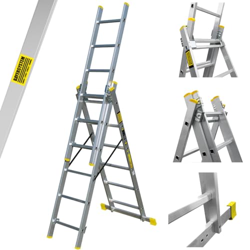 Bayersystem BS-DW 3x6 Mehrzweckleiter, 3x6 Sprossen, 3-teilige Alu-Kombileiter, bis 150 kg belastbar, max. Arbeitshöhe 4,05 m, Klappleiter, Multifunktionsleiter, Stehleiter, Silber/Gelb