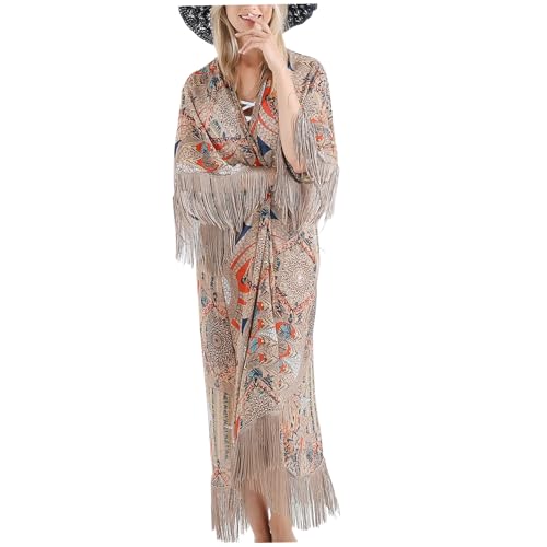 Kimonos para mujer tipo cárdigan largo pareo de bikini con borlas y estampado geométrico