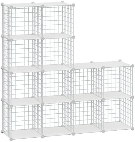 HUBSON Wire Cube Storage Organizer, 12-Cube Metal Grids Storage Shelf, Closet Cabinet, DIY Plastic Cube Bookcase Modular Closet Cabinet for Bedroom, Living Room, Office, White