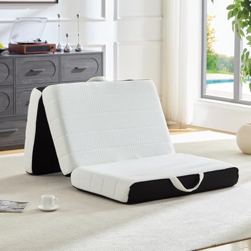 ROXGOX Foldable Mattress, Full Tri-Fold Memory Foam Mattress Topper with Washable Cover, Handle & Non-Slip Bottom, 4 Inch Portable Folding Bed for Guest, Yoga, Living Room, Camping - 73"x52"x4" by ROXGOX - Used condition - US$160.73