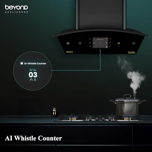 Beyond Appliances Arista 60cm Auto Clean Curve Kitchen Chimney | 1408 CMH Suction | Filterless | Smart AI Dashboard, Motion Sensor & Speakers | Touch Control | Radio | Whistle Counter | Black view 2