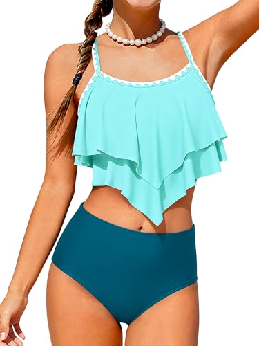 AMAWMW Girls Swimsuit 2 Piece Bikini Set Tiered Ruffled Bathing Suit Two Piece Girls' Swimwear with Chest Pad Cyan 13-14Y