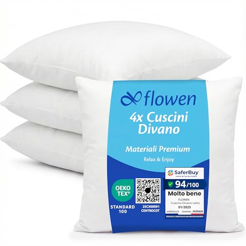 Flowen Cuscini per Divano 45x45 Imbottitura Cuscini 4 pezzi Interno Decorativi Quadrati Morbidi con Federe in Poliestere Bianca Anallergici Antiacaro Arredo Casa Salotto Letto Sfoderabili e Lavabili