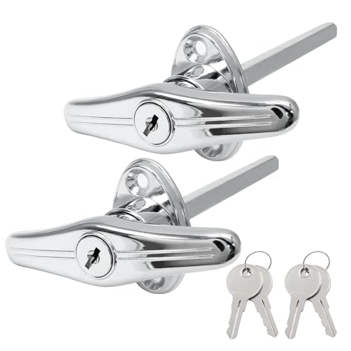 Image of 2 Pack T-Handle Truck Cap Lock, Silver Zinc Alloy Keyed Alike | Zinc Alloy Plated Anti-Rust, 5 /16 Inch Shaft 120mm Long, 90 Degree Turn, Fits Pickup Back Side Door, 1.5 Inch Hole Spacing