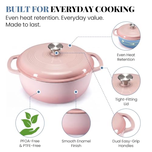 DUMOS Enamel Cast Iron Dutch Oven, 6 Quart Pot with Lid, Gradient Pink - Image 4
