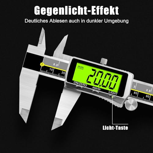 Digitaler Messschieber mit Hintergrundbeleuchtung, Präzisions-Digitalmessschieber 150 mm aus Edelstahl, wasserdichtes LCD-Display und Tiefenmessung mit Batterie für Haushalt und Industrie