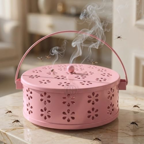 Image of DSH Metal Mosquito Coil Holder with Lid & Handle Ash Catcher Stand for Mosquito Coil Indoor Outdoor Safe Use (Pink)