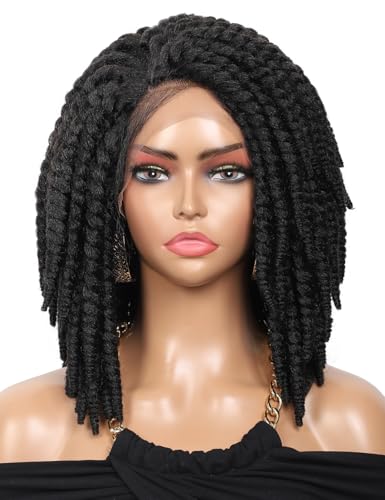 Kalyss Hand Braided Short Black Jamaican Jumbo Twist Braided Synthetic Lace Front Wigs for Women Side Parted Lightweight Braiding Hair Twist Braids Lace Frontal Wigs with Baby Hairs