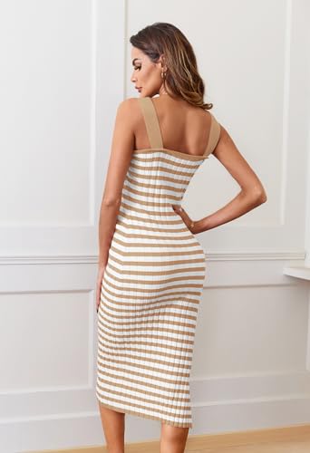 Image of MEROKEETY Womens Summer Striped Bodycon Midi Dress 2026 Beach Vacation Sleeveless Tank Ribbed Knit Baby Shower Sweater Dress