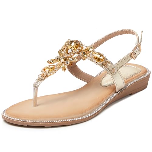 Image of iCKER Women Rhinestone Sandals T-Strap Buckle Bohemian Pearl Crystal Flat Sandals