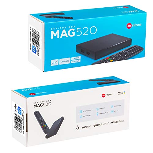 Infomir MAG 520 IP TV Internet Streamer HEVC H.265 4K UHD 60FPS Linux USB 3.0 LAN HDMI - Streaming Media Player - Set-Ttop Box avec processeur Arm Cortex-A53 sur chipset Amlogic S905X2, Noir 13667