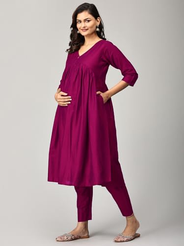 Image of The Mom Store Women's Raw Silk Maternity and Nursing Kurta Set | Front Zipper for Easy Feeding Pre and Post Pregnancy