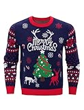 Jezonga Pull de Noel Hommes Pull Moche de Noël Tricoté à Col Rond, Décontracté à Manches Longues Top Imprimé avec Un Renne et des Flocons de Neige,Bleu,XL