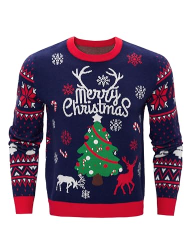Jezonga Weihnachtspullover Herren Lustig Ugly Christmas Sweater Pullover Weihnachten Strickpullover Langarmshirt mit Rundhalsausschnitt Damen und Herren, Dunkelblau-Herren, L