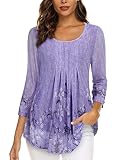 Gaharu Damen Bluse Elegant und Festlich Lang Blumendruck Bluse Doppellagig Bunt Frauen Tunika Bluse 3/4 Arm Blusenshirt Business Wasserfall Oberteil Atmungsaktiv Fließende Faltenbluse Lila Blumen,L