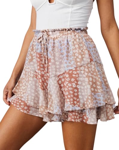 Flowy Shorts for Women Casual Cute Floral Skorts Chiffon Ruffle Tennis Mini Skirts Butterfly Summer Boho Shorts - Orange Floral Printed S