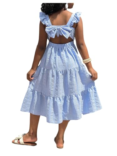 Girl's Ruffled Cami Dress Y2k Tiered Bow Back Cut Out High Waist A Line Flowy Midi Dresses