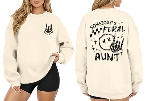 YHHR Mama Sweatshirts for Women Oversized Somebody's Feral Aunt Long Sleeve Shirt Mom Skeleton Graphic Rock Pullover Top, Apricot-aunt, XXL