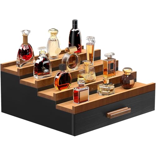 Zaldia Wooden Cologne Organizer for Men 4 Tier of Perfume Display Holder of Drawer & 2 Hidden Compartments Larger Storage Space Mens Perfume Organizer Shelf Stand,Gift for Man (4T-Black Walnut)