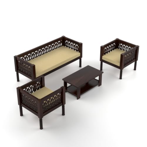Image of NATRAJ ART & CRAFT Sheesham Wood 5 Seater Sofa Set for Living Room | Wooden CNC Sofa Set for Living Room Furniture (3+1+1 Seater, Walnut Finish)