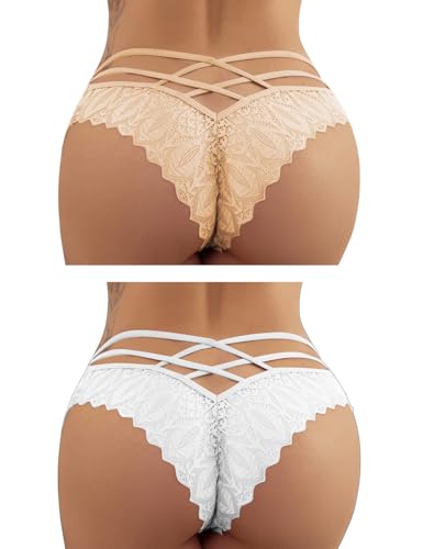 Bragas Francesas Para Mujer Bragas Huecas de Malla De Encaje Ropa Interior BrasileñA Sexy Bragas Hipster Ropa Interior de Encaje Hipster EláStica de Tiro Bajo Para Mujer Blanco Desnudo Paquete de 2