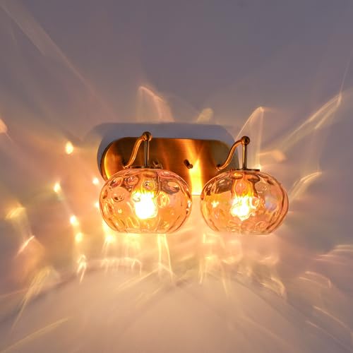 Image of Brushed Gold Vanity Light Amber Hammered Glass Wall Sconce 2-Light Brass Wall Lamp for Hallway Living Room Stairwell Bathroom Over Mirror