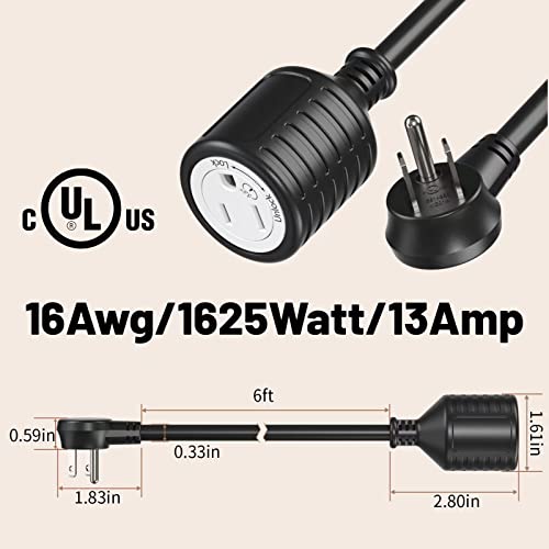 Extension Cord 6 Feet, Indoor/Outdoor Extension Cord With Flat Plug, 3 Prong Grounded Wire, 35°Lockable Plug, Against Accidental Power-Off & Safe, 16Awg 13A 125V 1625W, Ul Listed (Black) #TOP7