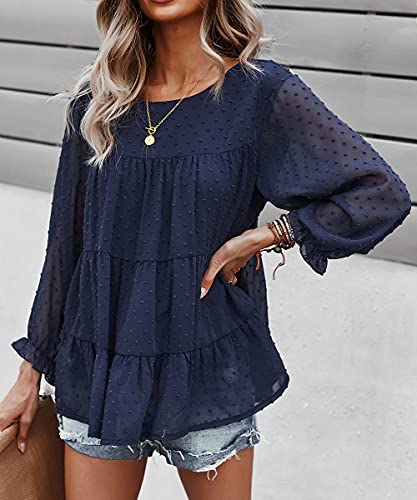 Prettygarden Women's Summer Loose Chiffon Blouse Mesh Long Sleeve Casual Round Neck Peplum Tops (Navy,Medium) #TOP1