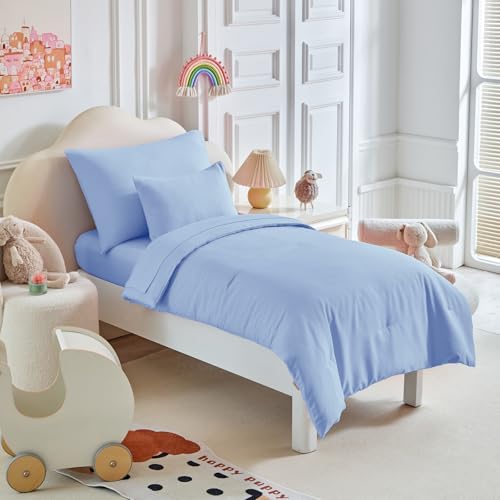 Image of Kids Comforter Sheet Set - Soft and Breathable Bed Set Includes Quilted Comforter, Fitted Sheet, Flat Top Sheet, Pillowcase and Toddler Pillowcase for Toddler - 5 Pieces Toddler Bedding Light Blue