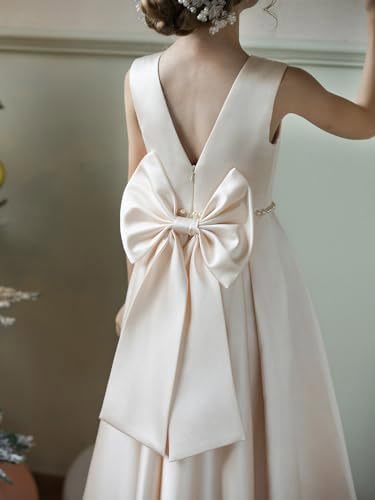 Satin Flower Girl Dresses for Wedding Floor Length Backless Princess Pageant Dress with Bow Pearls Proms Ball Gowns4