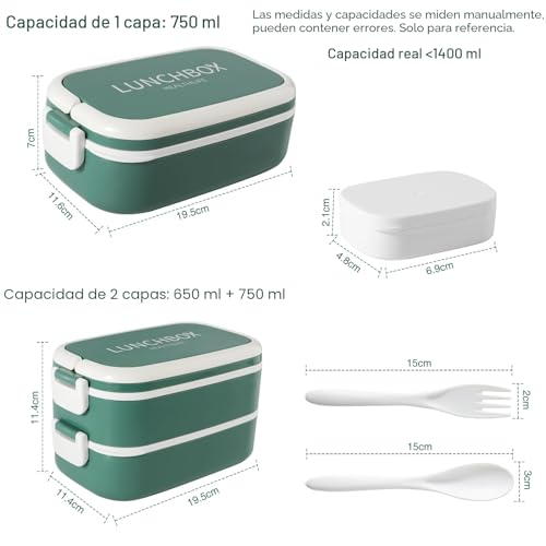 Miniatura 2 de Beeptrum Fiambrera Bento Apilable,Envases De 1400ml Con 4 Compartimentos Y Cubiertos, Cajas De 2 Capas A Prueba De Fugas, Para Adultos Niños Oficina, Apta Para Microondas Lavavajillas Verde