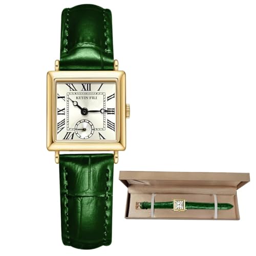 FFKJDM St.Patrick's Day Women's Watch,Internation Women's Day Gift Cowhide Strap Watch Women Classic Retro Square Women's Quartz Watch, Gift for her (glod, Green)