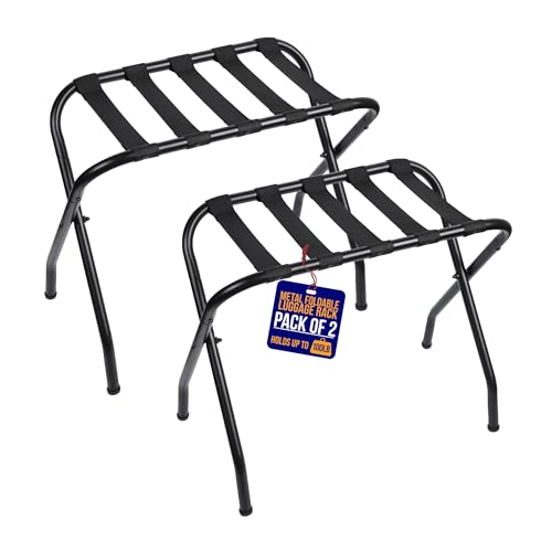 Lifemaster Metal Luggage Rack - Pack of 2 Foldable, Easy Assembly, Space Saving, and Stylish Steel Frame Guest Suitcase Stands with Nylon Straps - Black