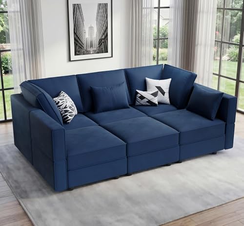 Vesgantti 92" 6 Seats Modular Sectional Sleeper Sofa with Storage, Blue