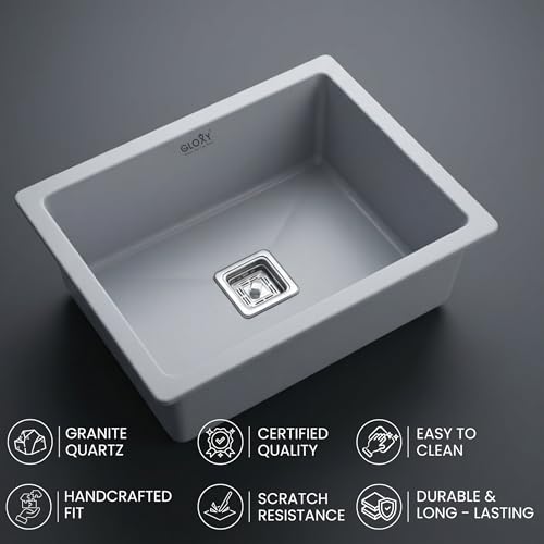 Image of Gloxy Premium Quartz Granite Single Bowl Kitchen Sink 24x18x9 Inches - Grey Matte FInish Quartz Sink For Kitchen With Coupling Hose Pipe and Drainer Basket - Undermount /Topmount - 3 Years Warranty