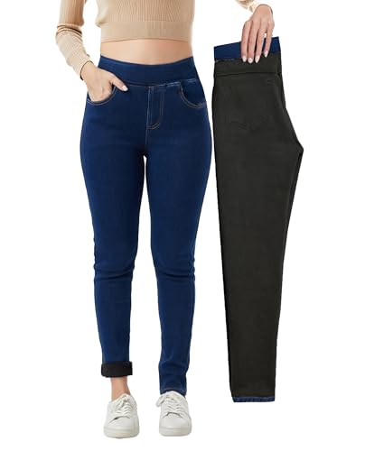 Fakanhui Damen Fleece Gefütterte Jeans Winter Jeggings Hohe Taille Thermo Warm Flanell Sherpa Skinny Jeans Blau S