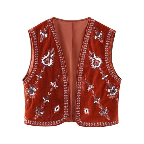 Damen-Weste, Vintage-Samt, ärmellos, Blumenstickerei, vorne offen, bauchfrei, Wester, Boho-Wester, Weste, Oberbekleidung, rot (a), M