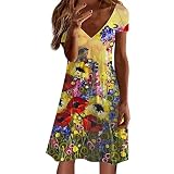 FAMOORE Ladies Casual Short Sleeve V Neck Dress Retro Print Mid Length Knee Length Skirt Yellow