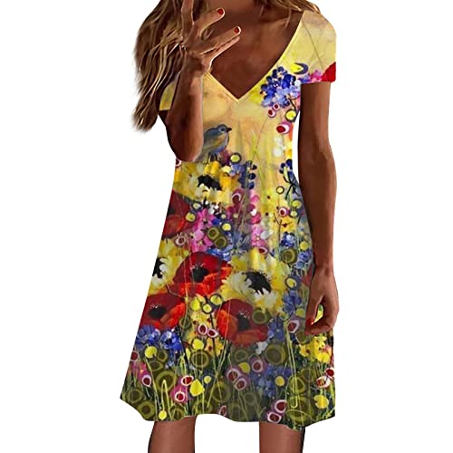 Famoore Ladies Casual Short Sleeve V Neck Dress Retro Print Mid Length Knee Length Skirt Yellow #TOP20