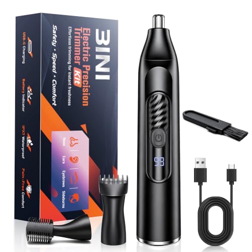 Image of Nose Hair Trimmer for Men and Women 3-in-1, Rechargeable & Painless Dual-Edge Blades Nose Trimmer/Scissors, Ear & Eyebrow & Sideburn & Facial Hair Removal Kit with IPX7,120 Min Runtime,LED Display,USB