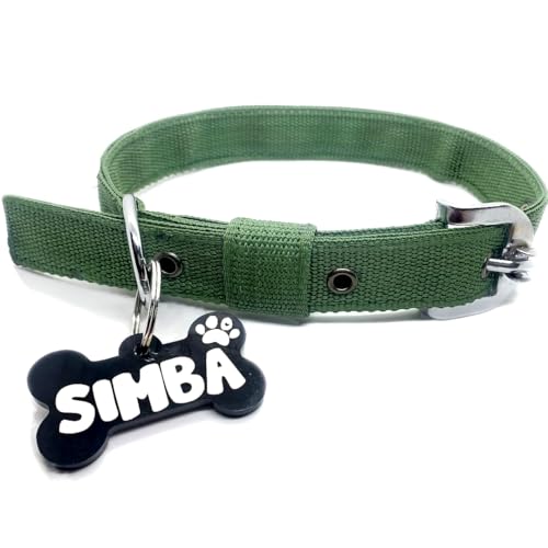 Image of PawPro Personalized Dog Collar with Name Tag, Soft Nylon Pet Collar with Custom Bone Shape ID Tag, Adjustable Dog Neck Belt with Stainless Steel Buckle for Small, Medium & Large Dogs (Olive, Large)