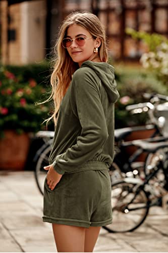 Prettygarden Women's 2 Piece Velour Tracksuit Casual Long Sleeve Zip Up Hoodie And Shorts Set Jogger Outfits (Army Green,Medium) #TOP7